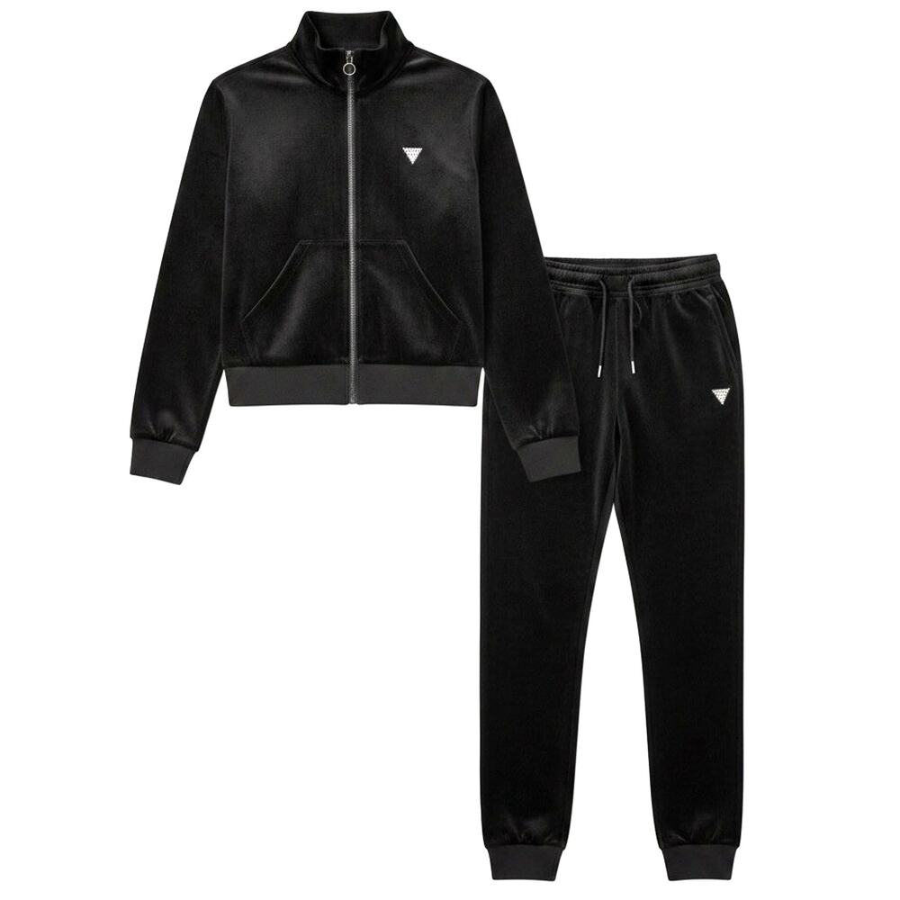 VTG Y2K Guess Velour Velvet Black Track Suit Set S/M Rhinestone Bling Retro Chic
